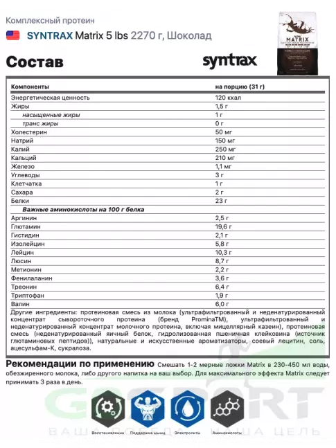 Комплексный протеин SYNTRAX Matrix 5 lbs 2270 г, Шоколад Комплексный протеин SYNTRAX Matrix 5 lbs 2270 г, Шоколад