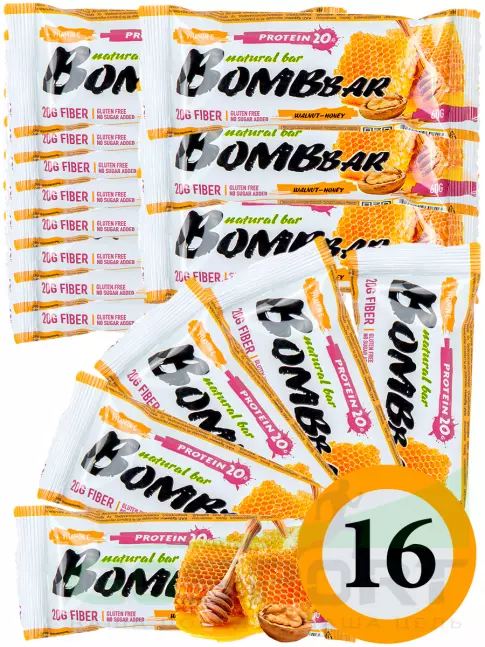 Протеиновый батончик BombBar Protein Bar 16 x 60 г, Грецкий орех с медом Протеиновый батончик BombBar Protein Bar 16 x 60 г, Грецкий орех с медом