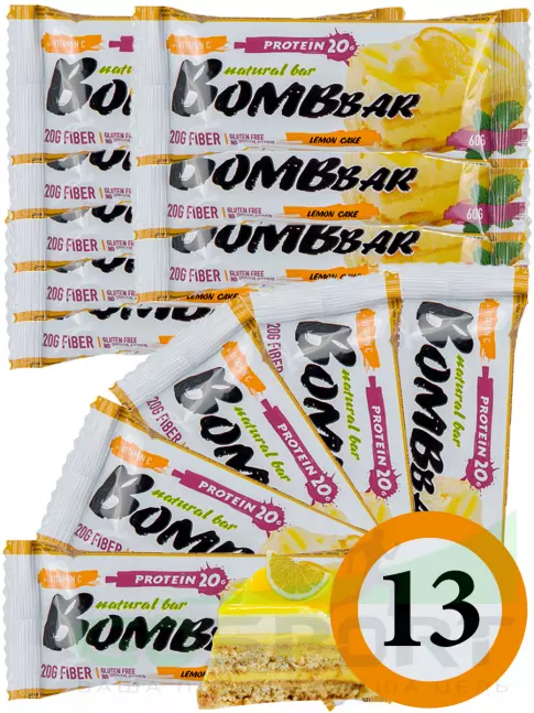 Протеиновый батончик BombBar Protein Bar 13 x 60 г, Лимонный торт Протеиновый батончик BombBar Protein Bar 13 x 60 г, Лимонный торт