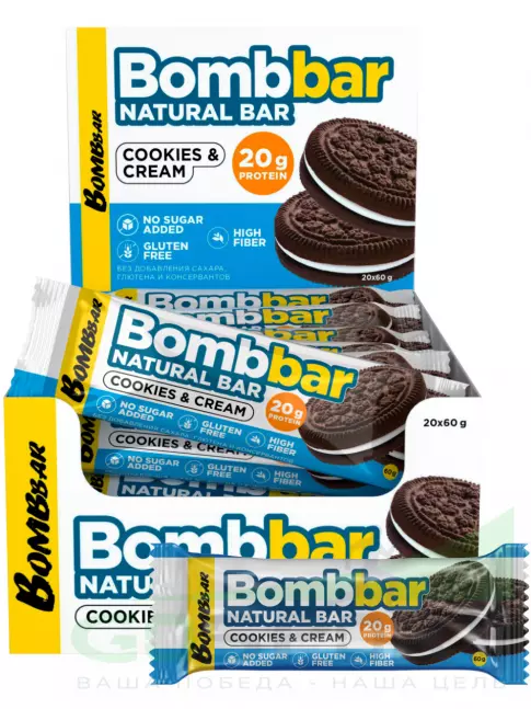 Протеиновый батончик BombBar Протеиновый батончик Natural Bar 20 x 60 г, Печенье с кремом Протеиновый батончик BombBar Протеиновый батончик Natural Bar 20 x 60 г, Печенье с кремом