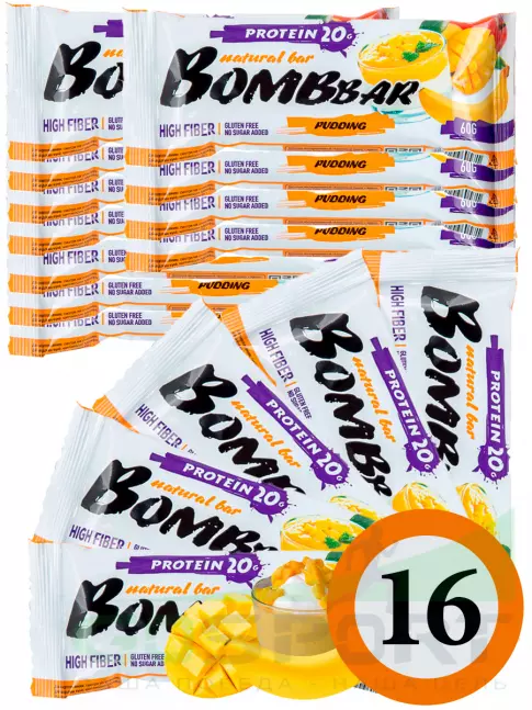 Протеиновый батончик BombBar Protein Bar 16 x 60 г, Пудинг с ароматом манго и банана