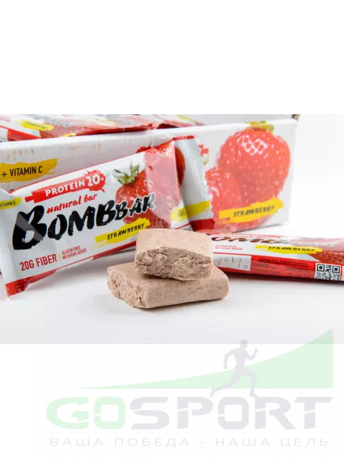Протеиновый батончик BombBar Protein Bar 16 x 60 г, Клубника Протеиновый батончик BombBar Protein Bar 16 x 60 г, Клубника