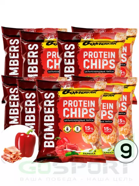 Чипсы BombBar Protein Chips 9 x 50 г, Бекон с паприкой Чипсы BombBar Protein Chips 9 x 50 г, Бекон с паприкой