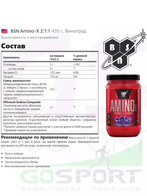 Аминокислоты BSN Amino-X 2:1:1 435 г, Виноград Аминокислоты BSN Amino-X 2:1:1 435 г, Виноград
