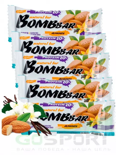 Протеиновый батончик BombBar Протеиновый батончик Natural Bar 5 x 60 г, Миндаль-ваниль Протеиновый батончик BombBar Протеиновый батончик Natural Bar 5 x 60 г, Миндаль-ваниль
