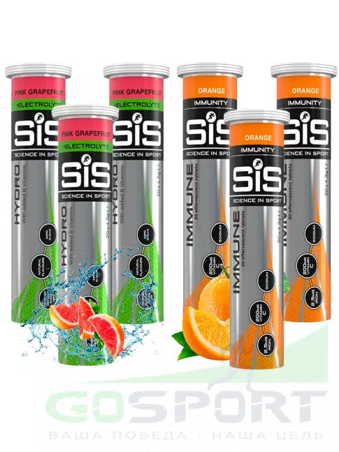 Изотоник SCIENCE IN SPORT (SiS) GO Hydro Tablet 20s_3 6 x 20 таблеток, Розовый грейпфрут, Апельсин Изотоник SCIENCE IN SPORT (SiS) GO Hydro Tablet 20s_3 6 x 20 таблеток, Розовый грейпфрут, Апельсин