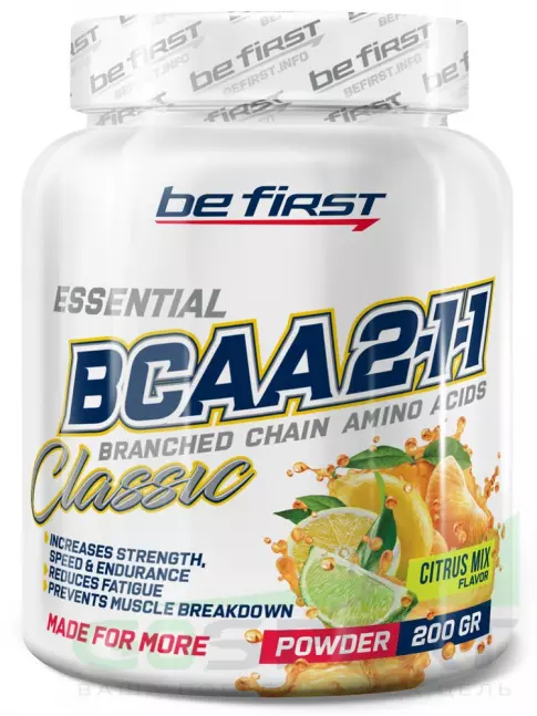 BCAA Be First BCAA Classic Powder 2:1:1 200 г, Цитрусовый микс BCAA Be First BCAA Classic Powder 2:1:1 200 г, Цитрусовый микс