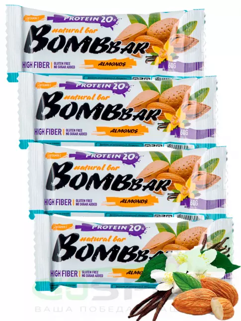 Протеиновый батончик BombBar Protein Bar 4 x 60 г, Миндаль-ваниль