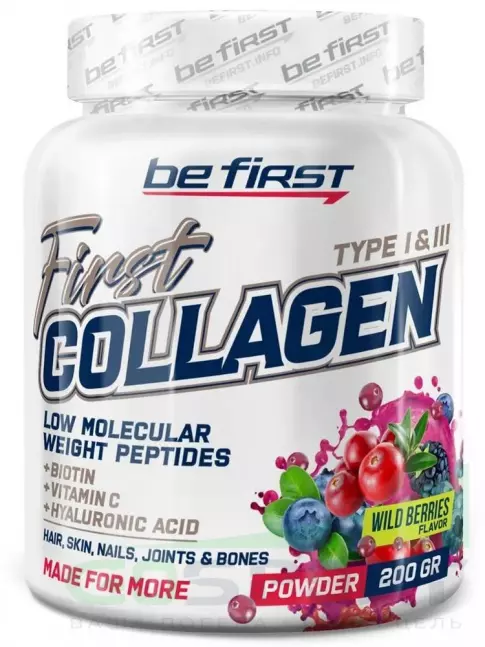 Коллаген гидролизованный Be First First Collagen 5300 mg + biotin + hyaluronic acid + vitamin C 200 г, Лесные ягоды Коллаген гидролизованный Be First First Collagen 5300 mg + biotin + hyaluronic acid + vitamin C 200 г, Лесные ягоды