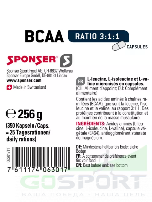 BCAA 3:1:1 SPONSER BCAA 3:1:1 350 капсул BCAA 3:1:1 SPONSER BCAA 3:1:1 350 капсул