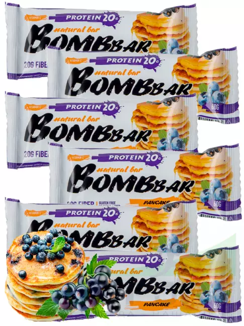 Протеиновый батончик BombBar Protein Bar 6 x 60 г, Смородиново-черничный панкейк Протеиновый батончик BombBar Protein Bar 6 x 60 г, Смородиново-черничный панкейк