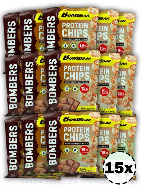 Чипсы BombBar Protein Chips 15 x 50 г, Молочный шоколад Чипсы BombBar Protein Chips 15 x 50 г, Молочный шоколад