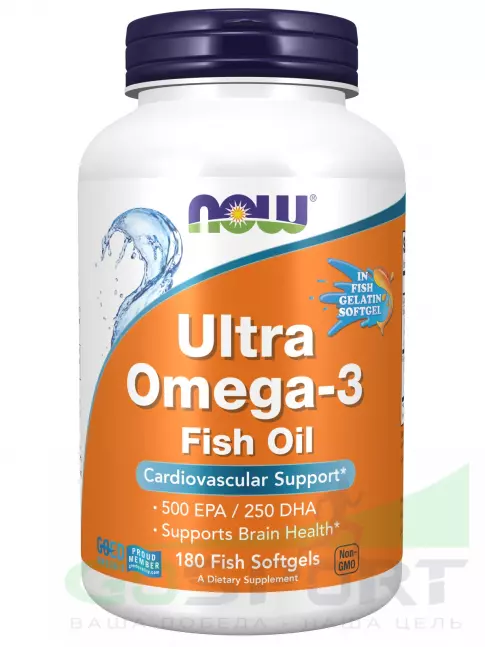 Омега-3 NOW Foods Ultra Omega-3 Fish Oil 500 EPA / 250 DHA FISH GELATIN 180 гелевых капсул из рыбьего желатина