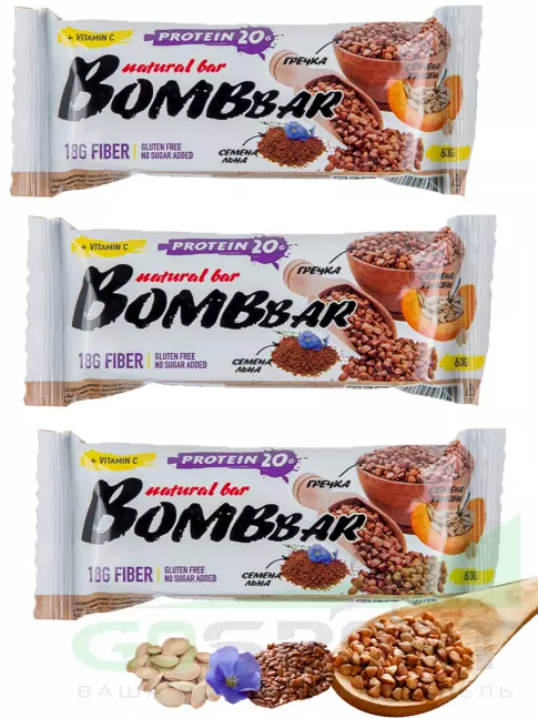 Протеиновый батончик BombBar Протеиновый батончик Natural Bar 3 x 60 г, Гречишный Протеиновый батончик BombBar Протеиновый батончик Natural Bar 3 x 60 г, Гречишный