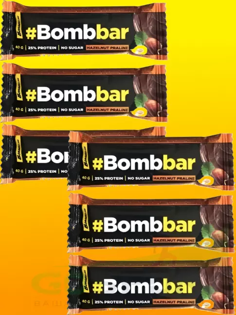 Протеиновый батончик BombBar Батончики в шоколаде без сахара 6 x 40 г, Фундучное пралине
