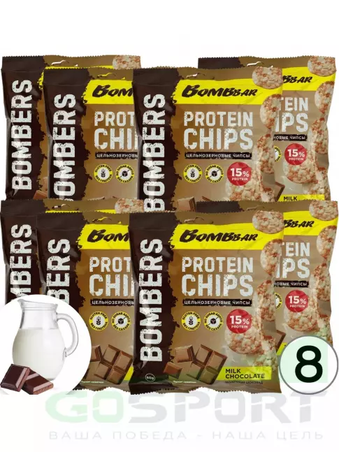 Чипсы BombBar Protein Chips 8 x 50 г, Молочный шоколад Чипсы BombBar Protein Chips 8 x 50 г, Молочный шоколад