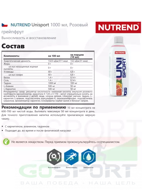 Изотоник NUTREND Unisport 1000 мл, Розовый грейпфрут Изотоник NUTREND Unisport 1000 мл, Розовый грейпфрут