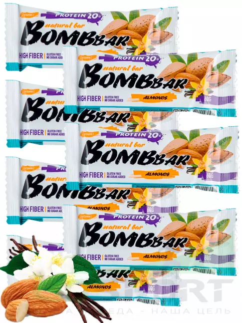 Протеиновый батончик BombBar Protein Bar 7 x 60 г, Миндаль-ваниль Протеиновый батончик BombBar Protein Bar 7 x 60 г, Миндаль-ваниль