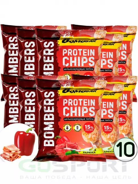 Чипсы BombBar Protein Chips 10 x 50 г, Бекон с паприкой Чипсы BombBar Protein Chips 10 x 50 г, Бекон с паприкой