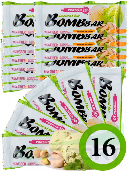 Протеиновый батончик BombBar Protein Bar 16 x 60 г, Фисташковый-Пломбир