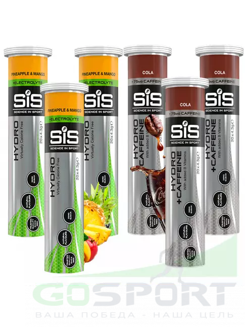 Изотоник SCIENCE IN SPORT (SiS) GO Hydro Tablet 20s_3 6 x 20 таблеток, Ананас - Манго, Кола Изотоник SCIENCE IN SPORT (SiS) GO Hydro Tablet 20s_3 6 x 20 таблеток, Ананас - Манго, Кола