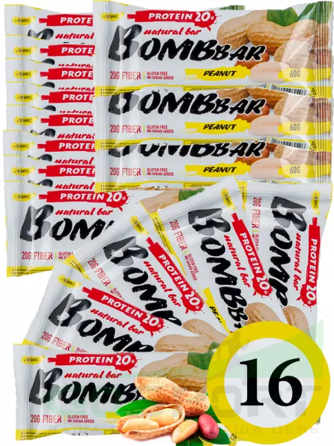 Протеиновый батончик BombBar Protein Bar 16 x 60 г, Арахис Протеиновый батончик BombBar Protein Bar 16 x 60 г, Арахис