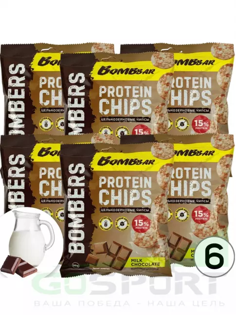 Чипсы BombBar Protein Chips 6 x 50 г, Молочный шоколад Чипсы BombBar Protein Chips 6 x 50 г, Молочный шоколад