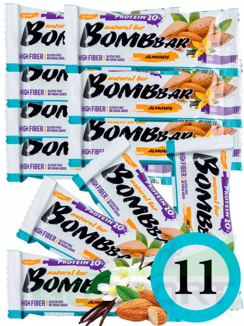 Протеиновый батончик BombBar Protein Bar 11 x 60 г, Миндаль-ваниль Протеиновый батончик BombBar Protein Bar 11 x 60 г, Миндаль-ваниль