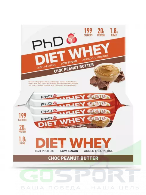 Протеиновый батончик PhD Nutrition Diet Whey Bar 12 x 63 г, Шоколад-Арахисовое масло