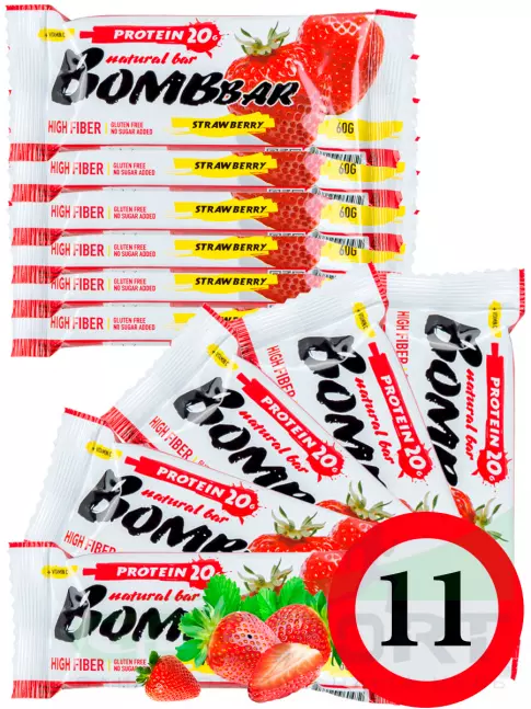 Протеиновый батончик BombBar Protein Bar 11 x 60 г, Клубника Протеиновый батончик BombBar Protein Bar 11 x 60 г, Клубника