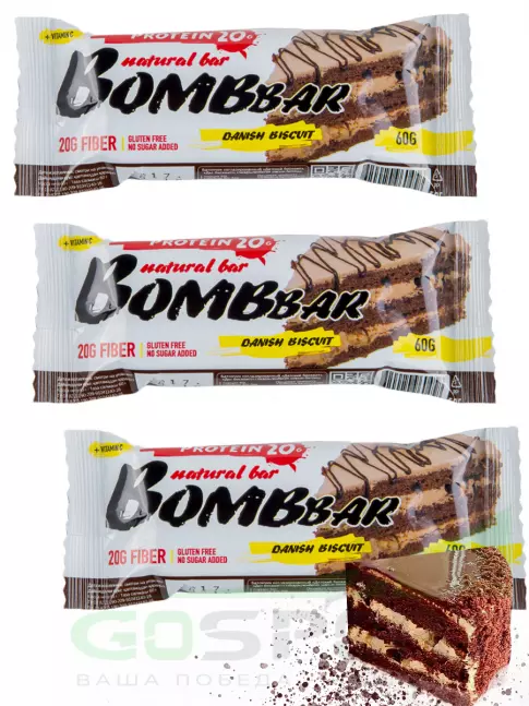 Протеиновый батончик BombBar Протеиновый батончик Natural Bar 3 x 60 г, Датский бисквит Протеиновый батончик BombBar Протеиновый батончик Natural Bar 3 x 60 г, Датский бисквит