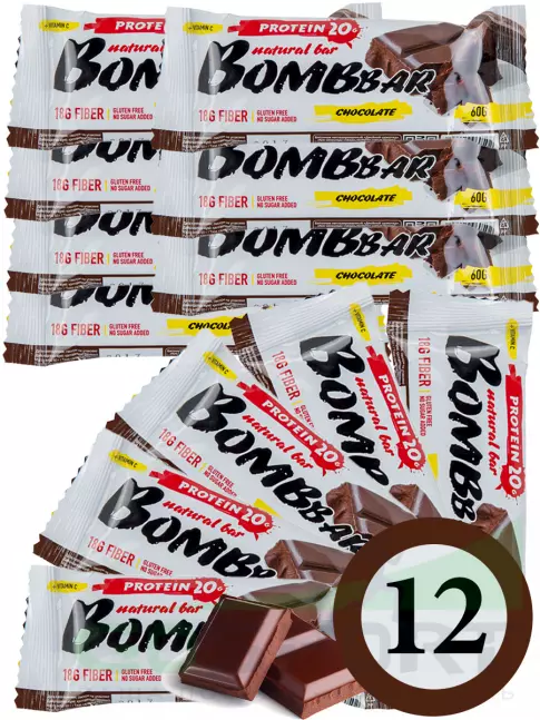 Протеиновый батончик BombBar Protein Bar 12 x 60 г, Двойной шоколад Протеиновый батончик BombBar Protein Bar 12 x 60 г, Двойной шоколад