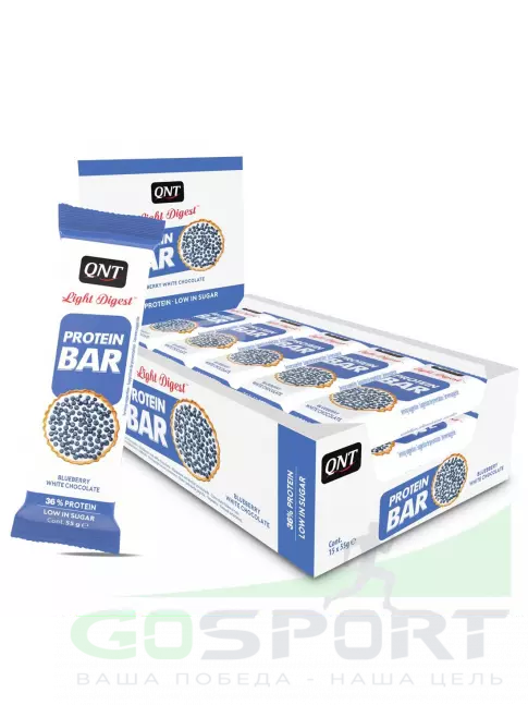 Протеиновый батончик QNT Light Digest Protein Bar 15 х 55 г, Черника - Белый шоколад Протеиновый батончик QNT Light Digest Protein Bar 15 х 55 г, Черника - Белый шоколад