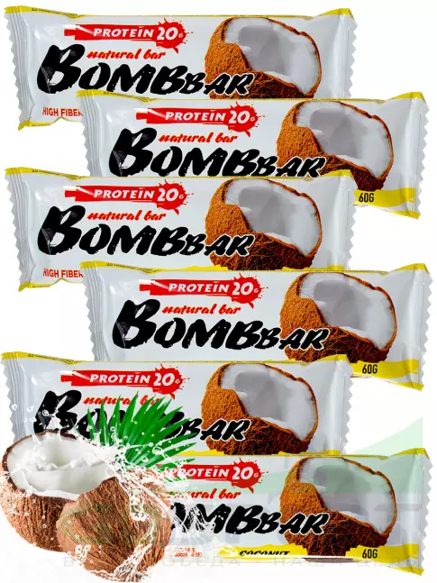 Протеиновый батончик BombBar Protein Bar 6 x 60 г, Кокос Протеиновый батончик BombBar Protein Bar 6 x 60 г, Кокос
