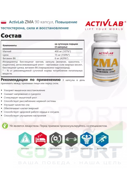 Магний+цинк+B6 ActivLab ZMA 90 капсул, Магний+цинк+B6 ActivLab ZMA 90 капсул,