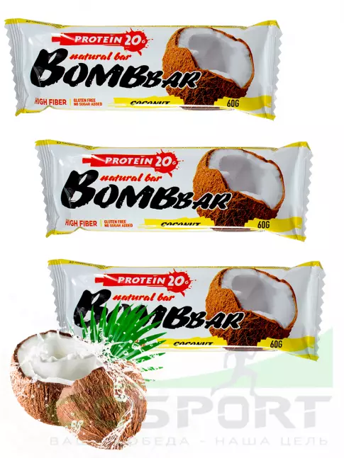 Протеиновый батончик BombBar Протеиновый батончик Natural Bar 3 x 60 г, Кокос Протеиновый батончик BombBar Протеиновый батончик Natural Bar 3 x 60 г, Кокос
