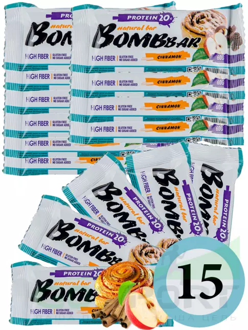 Протеиновый батончик BombBar Protein Bar 15 x 60 г, Яблоко - Корица Протеиновый батончик BombBar Protein Bar 15 x 60 г, Яблоко - Корица