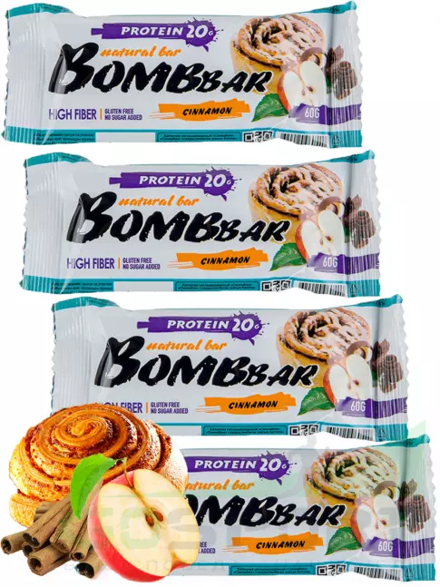 Протеиновый батончик BombBar Protein Bar 4 x 60 g, Яблоко - Корица Протеиновый батончик BombBar Protein Bar 4 x 60 g, Яблоко - Корица