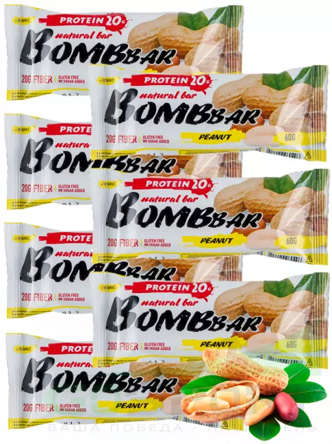 Протеиновый батончик BombBar Protein Bar 7 x 60 г, Арахис Протеиновый батончик BombBar Protein Bar 7 x 60 г, Арахис