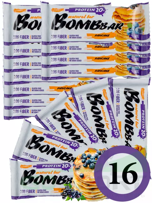 Протеиновый батончик BombBar Protein Bar 16 x 60 г, Смородиново-черничный панкейк Протеиновый батончик BombBar Protein Bar 16 x 60 г, Смородиново-черничный панкейк
