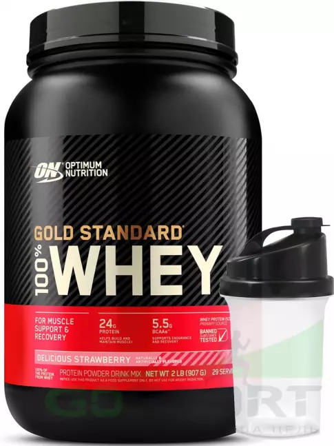 Сывороточный протеин Optimum Nutrition 100% Whey Gold Standard 907 г + шейкер, Восхитительная клубника Сывороточный протеин Optimum Nutrition 100% Whey Gold Standard 907 г + шейкер, Восхитительная клубника