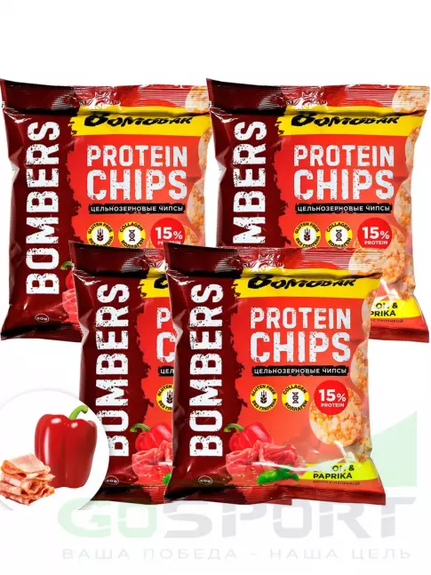 Чипсы BombBar Protein Chips 4 x 50 г, Бекон с паприкой Чипсы BombBar Protein Chips 4 x 50 г, Бекон с паприкой