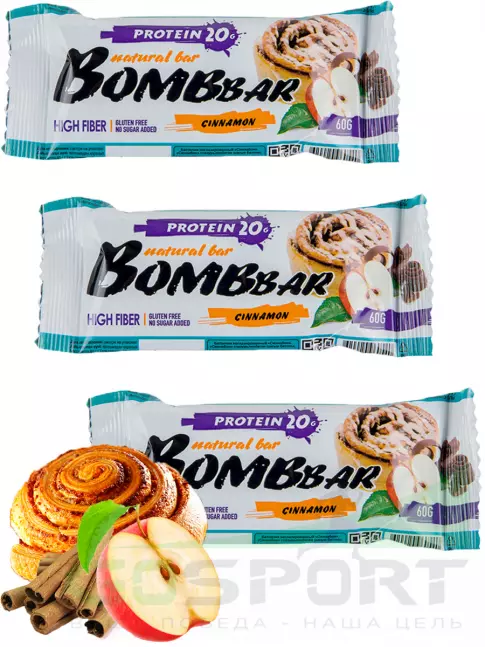 Протеиновый батончик BombBar Протеиновый батончик Natural Bar 3 x 60 г, Яблоко - Корица