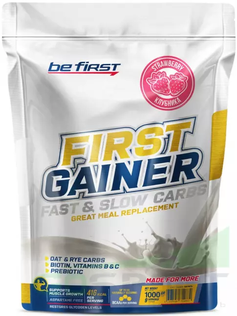 Гейнер Be First First Gainer 1000 г, Клубника Гейнер Be First First Gainer 1000 г, Клубника