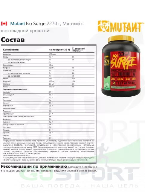 Изолят протеина Mutant Iso Surge 2270 г, Мятный с шоколадной крошкой Изолят протеина Mutant Iso Surge 2270 г, Мятный с шоколадной крошкой