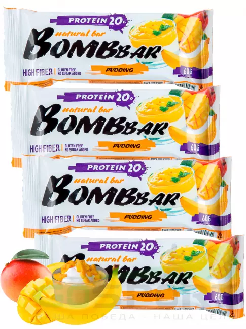 Протеиновый батончик BombBar Protein Bar 4 x 60 г, Пудинг с ароматом манго и банана Протеиновый батончик BombBar Protein Bar 4 x 60 г, Пудинг с ароматом манго и банана