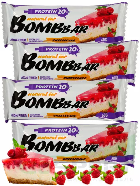 Протеиновый батончик BombBar Protein Bar 4 x 60 г, Малиновый чизкейк Протеиновый батончик BombBar Protein Bar 4 x 60 г, Малиновый чизкейк