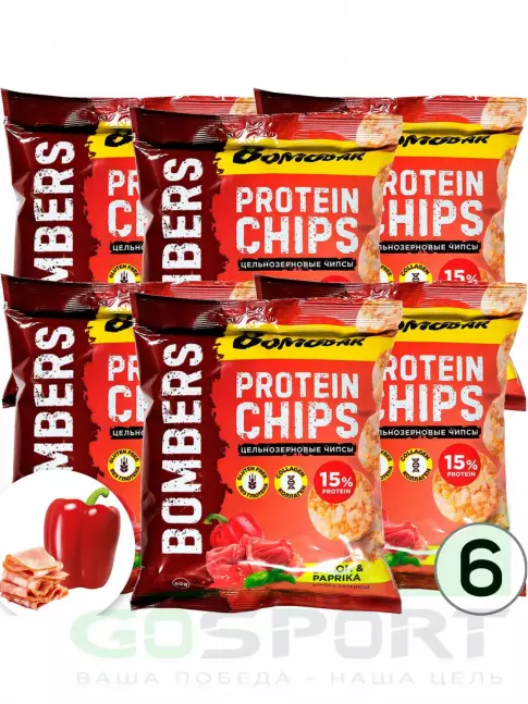 Чипсы BombBar Protein Chips 6 x 50 г, Бекон с паприкой Чипсы BombBar Protein Chips 6 x 50 г, Бекон с паприкой