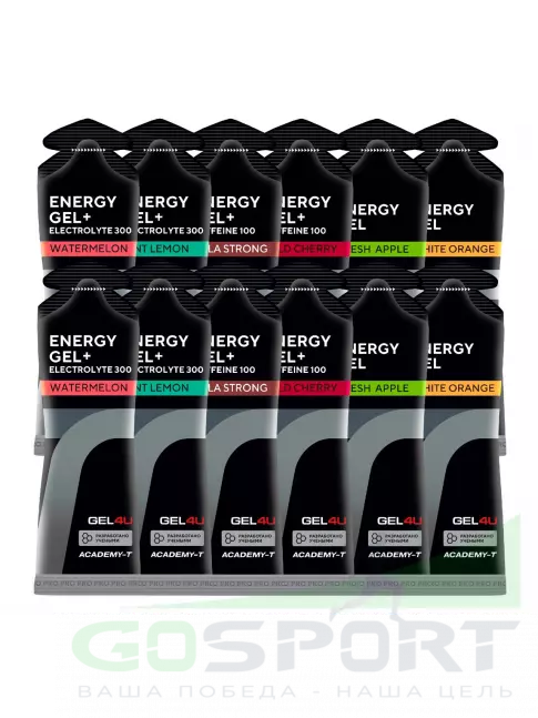 Гель питьевой GEL4U Energy Gel MIX 12 x 60 г, Апельсин, Яблоко, Лимон и Мята, Соленый Арбуз, Ви