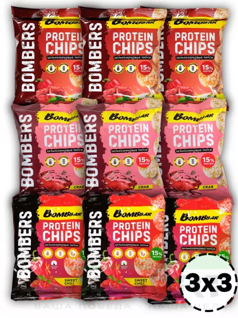 Чипсы BombBar Protein Chips 9 x 50 г, Микс Чипсы BombBar Protein Chips 9 x 50 г, Микс